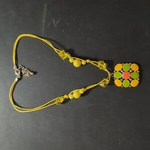 Silver Tone Yellow Green Orange Enamel Square Pendant Beaded Statement Necklace
